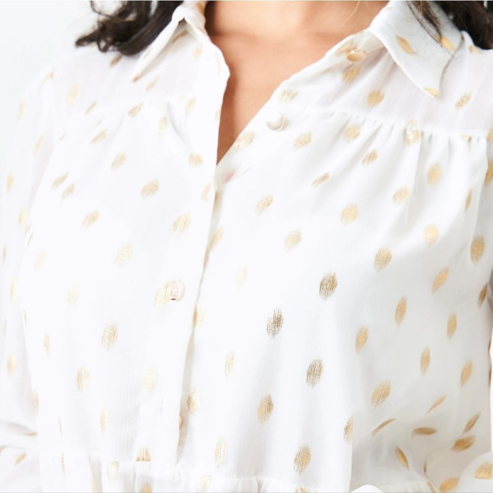 Luna Moon White Button Up Blouse with Gold Foil Polka Dots M